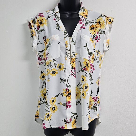 Express Shirt Women's Small White Floral Sheer Collard Top Business Casual - Picture 1 of 14